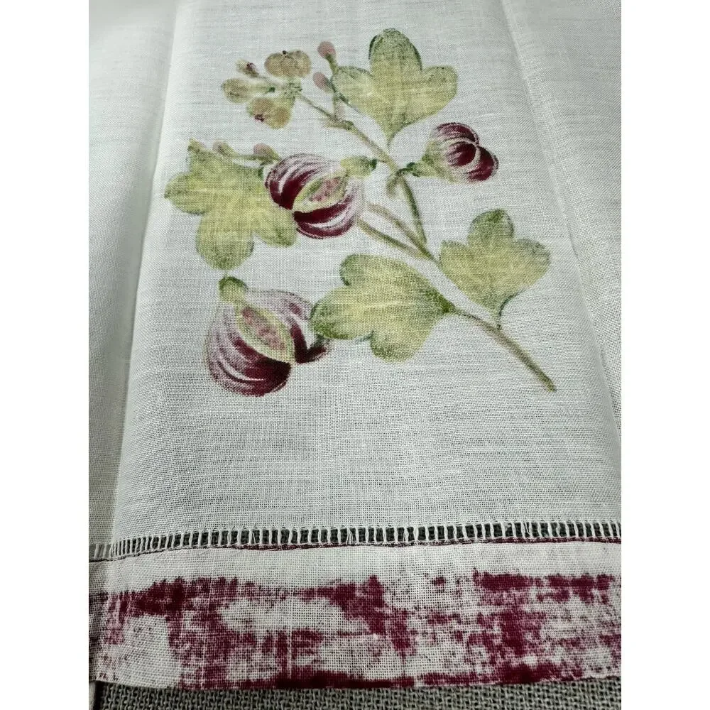 Set of Two (2) Tea Towels LINEN‎ White Maroon & Green Floral VTG Hand Painted